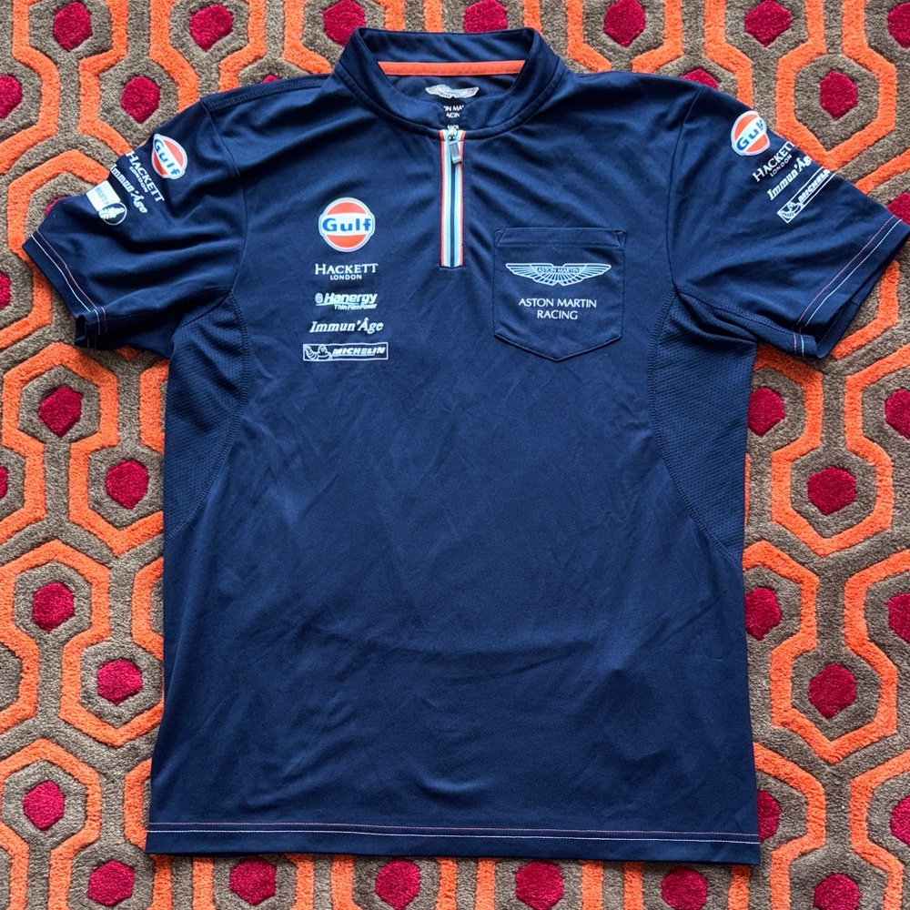MAKE OFFER! Hackett Navy Blue Polo Shirt Motorsport Logos Gulf Med. Aston Martin